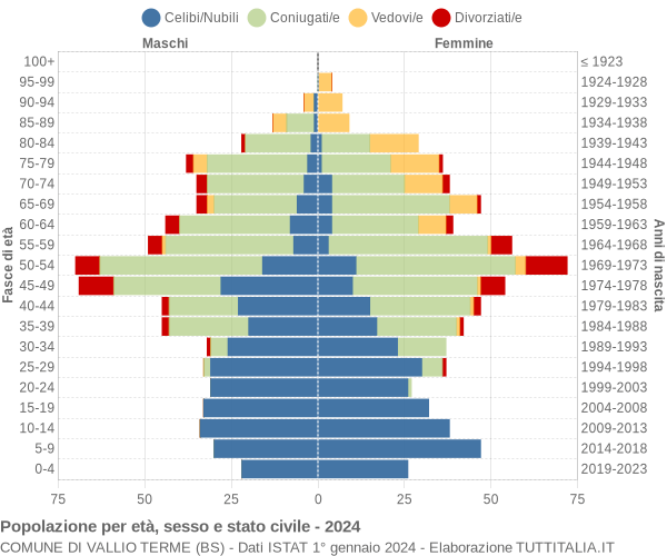 Grafico Popolazione per età, sesso e stato civile Comune di Vallio Terme (BS)