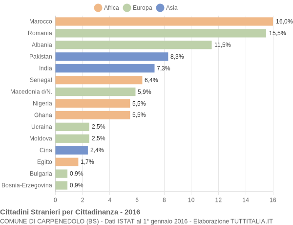 Grafico cittadinanza stranieri - Carpenedolo 2016