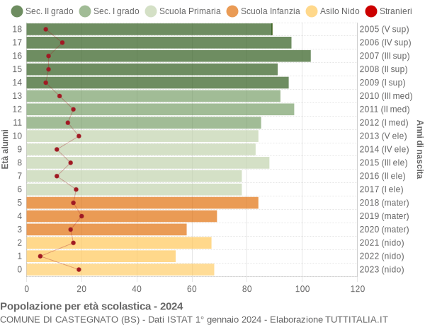 Grafico Popolazione in età scolastica - Castegnato 2024