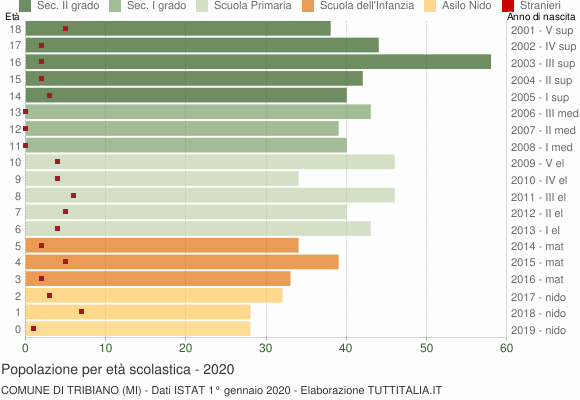 Grafico Popolazione in età scolastica - Tribiano 2020