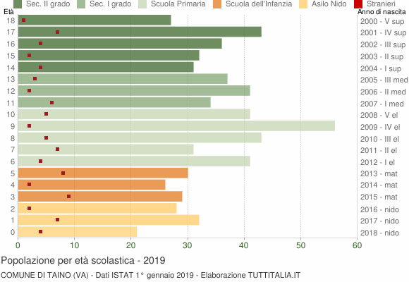 Grafico Popolazione in età scolastica - Taino 2019