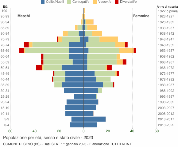 Grafico Popolazione per età, sesso e stato civile Comune di Cevo (BS)