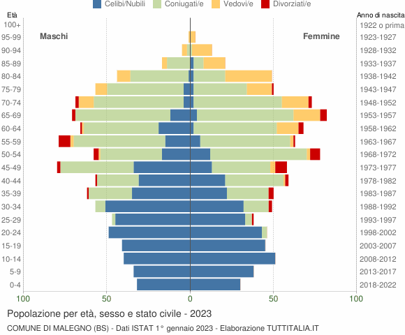 Grafico Popolazione per età, sesso e stato civile Comune di Malegno (BS)