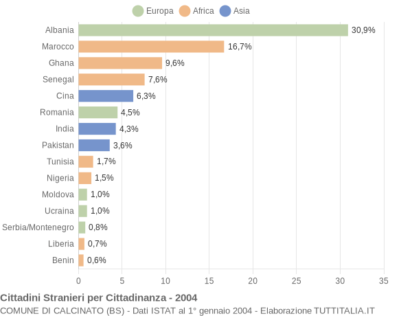 Grafico cittadinanza stranieri - Calcinato 2004