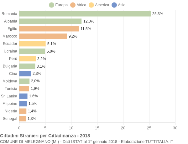 Grafico cittadinanza stranieri - Melegnano 2018