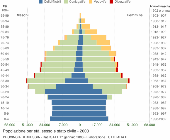 Grafico Popolazione per età, sesso e stato civile Provincia di Brescia