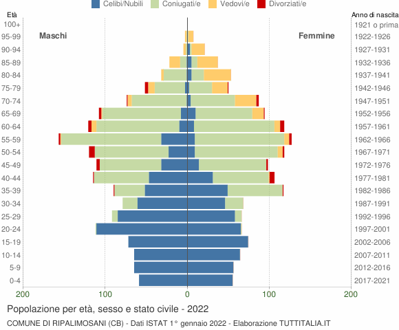 Grafico Popolazione per età, sesso e stato civile Comune di Ripalimosani (CB)
