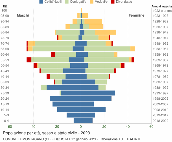 Grafico Popolazione per età, sesso e stato civile Comune di Montagano (CB)