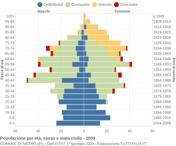 Grafico Popolazione per età, sesso e stato civile Comune di Netro (BI)