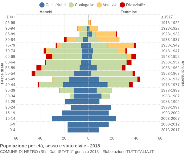 Grafico Popolazione per età, sesso e stato civile Comune di Netro (BI)