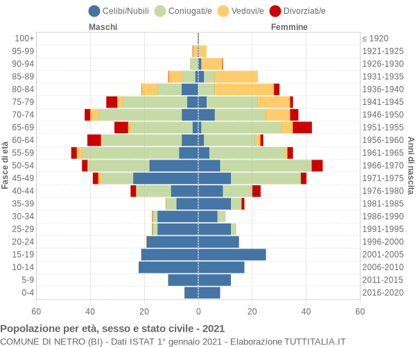 Grafico Popolazione per età, sesso e stato civile Comune di Netro (BI)