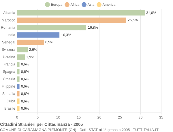 Grafico cittadinanza stranieri - Caramagna Piemonte 2005