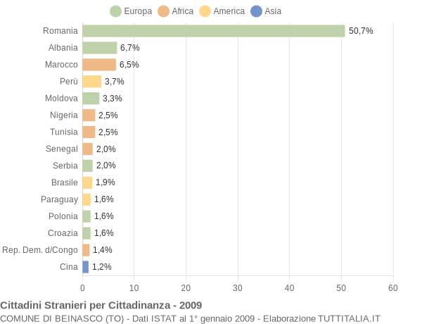 Grafico cittadinanza stranieri - Beinasco 2009