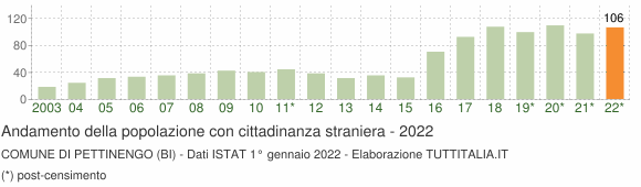 Grafico andamento popolazione stranieri Comune di Pettinengo (BI)