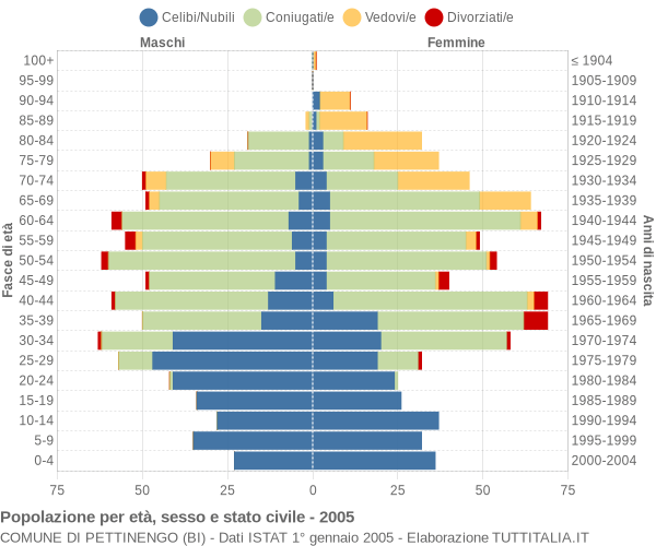 Grafico Popolazione per età, sesso e stato civile Comune di Pettinengo (BI)