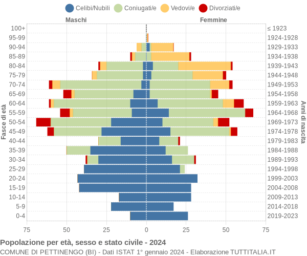 Grafico Popolazione per età, sesso e stato civile Comune di Pettinengo (BI)