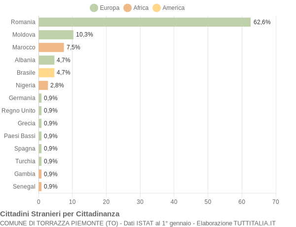 Grafico cittadinanza stranieri - Torrazza Piemonte 2020