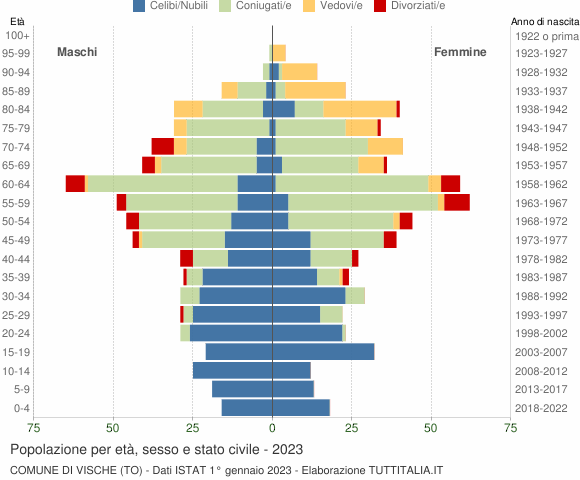 Grafico Popolazione per età, sesso e stato civile Comune di Vische (TO)