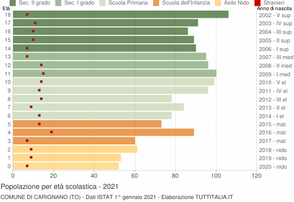 Grafico Popolazione in età scolastica - Carignano 2021