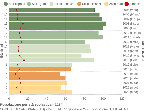 Grafico Popolazione in età scolastica - Carignano 2024