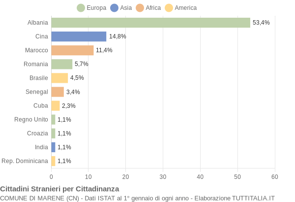 Grafico cittadinanza stranieri - Marene 2004