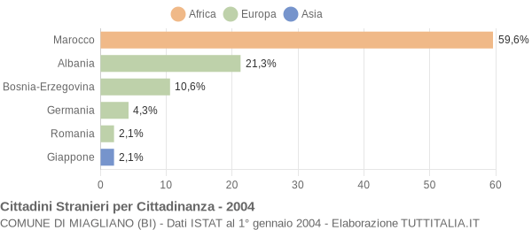 Grafico cittadinanza stranieri - Miagliano 2004