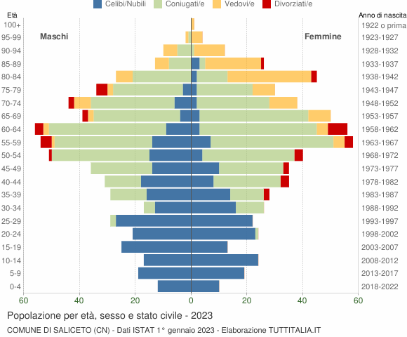 Grafico Popolazione per età, sesso e stato civile Comune di Saliceto (CN)