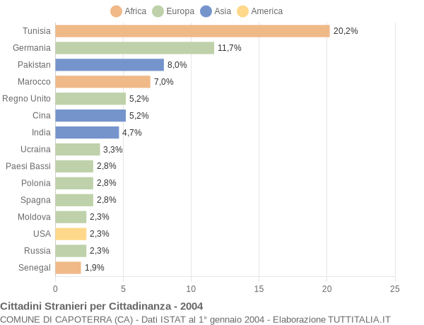 Grafico cittadinanza stranieri - Capoterra 2004