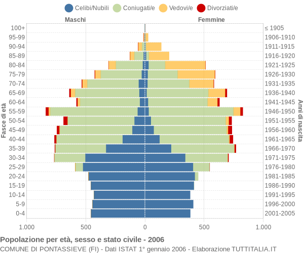 Grafico Popolazione per età, sesso e stato civile Comune di Pontassieve (FI)