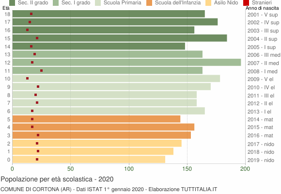 Grafico Popolazione in età scolastica - Cortona 2020