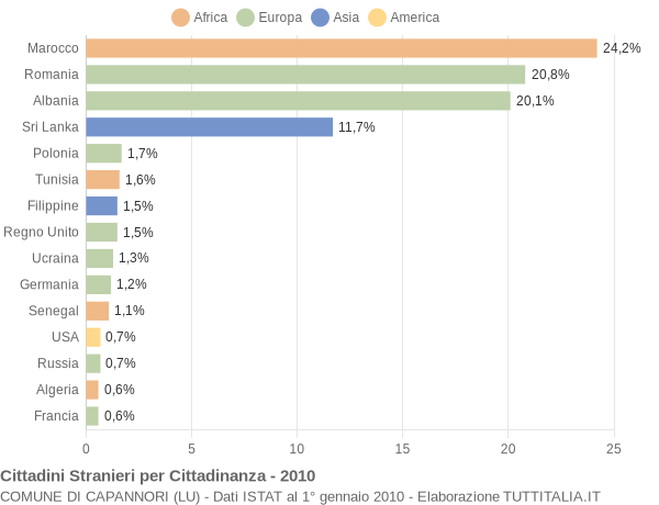 Grafico cittadinanza stranieri - Capannori 2010