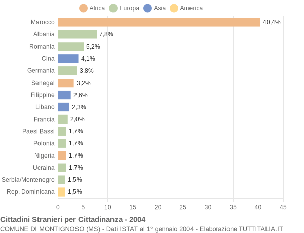 Grafico cittadinanza stranieri - Montignoso 2004