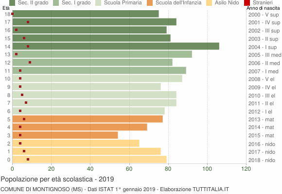 Grafico Popolazione in età scolastica - Montignoso 2019