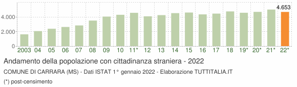 Grafico andamento popolazione stranieri Comune di Carrara