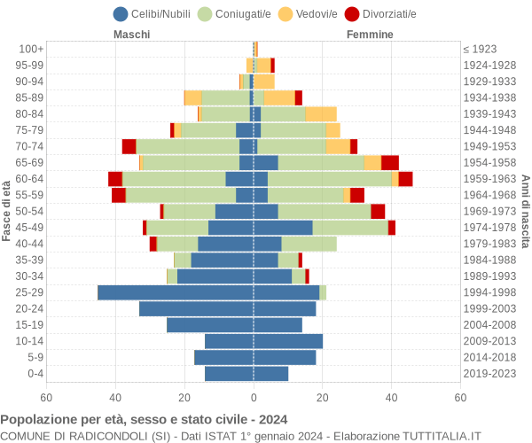 Grafico Popolazione per età, sesso e stato civile Comune di Radicondoli (SI)