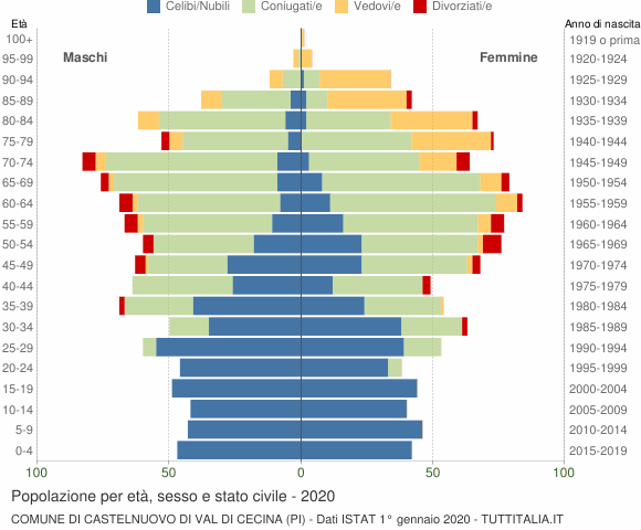 Grafico Popolazione per età, sesso e stato civile Comune di Castelnuovo di Val di Cecina (PI)