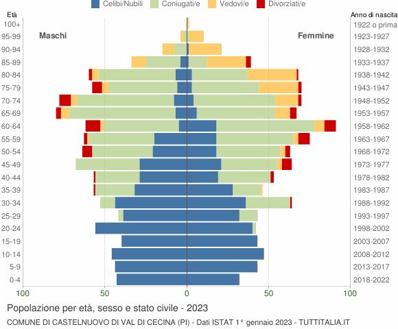 Grafico Popolazione per età, sesso e stato civile Comune di Castelnuovo di Val di Cecina (PI)