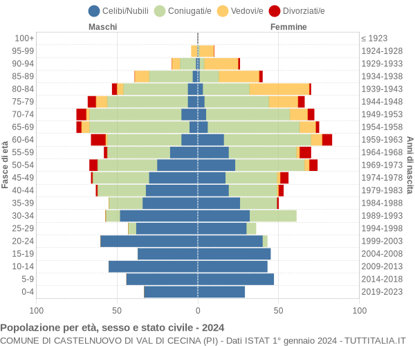 Grafico Popolazione per età, sesso e stato civile Comune di Castelnuovo di Val di Cecina (PI)