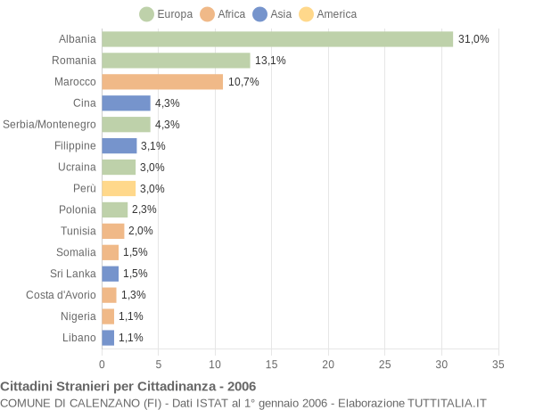 Grafico cittadinanza stranieri - Calenzano 2006