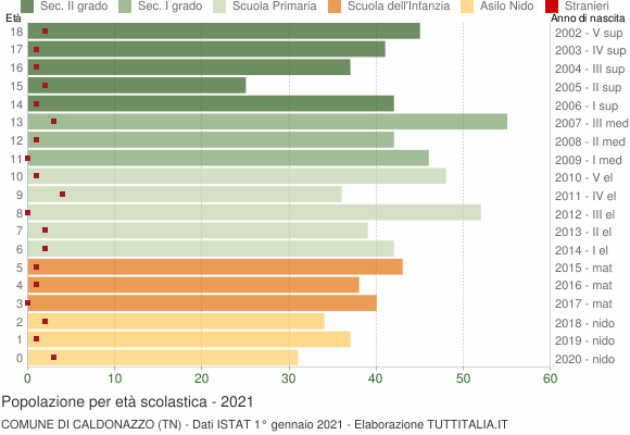 Grafico Popolazione in età scolastica - Caldonazzo 2021