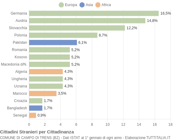 Grafico cittadinanza stranieri - Campo di Trens 2018