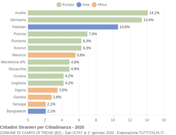 Grafico cittadinanza stranieri - Campo di Trens 2020