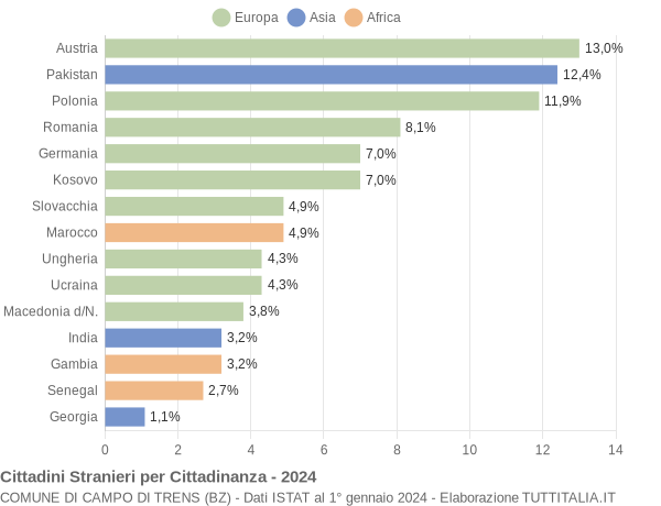 Grafico cittadinanza stranieri - Campo di Trens 2024