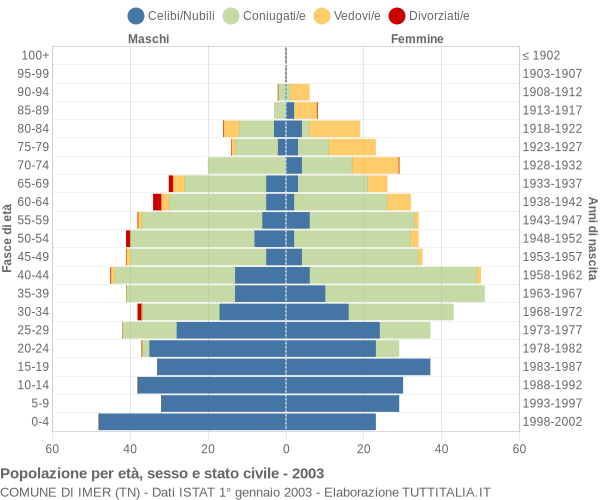 Grafico Popolazione per età, sesso e stato civile Comune di Imer (TN)