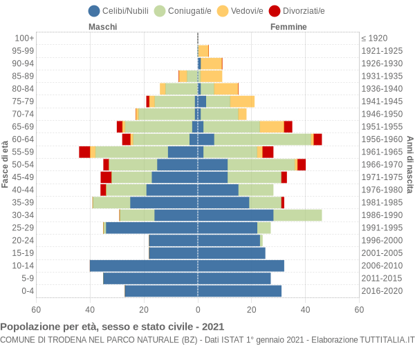 Grafico Popolazione per età, sesso e stato civile Comune di Trodena nel parco naturale (BZ)