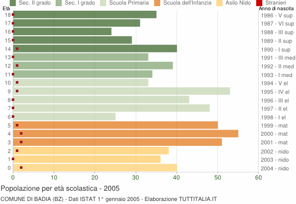 Grafico Popolazione in età scolastica - Badia 2005