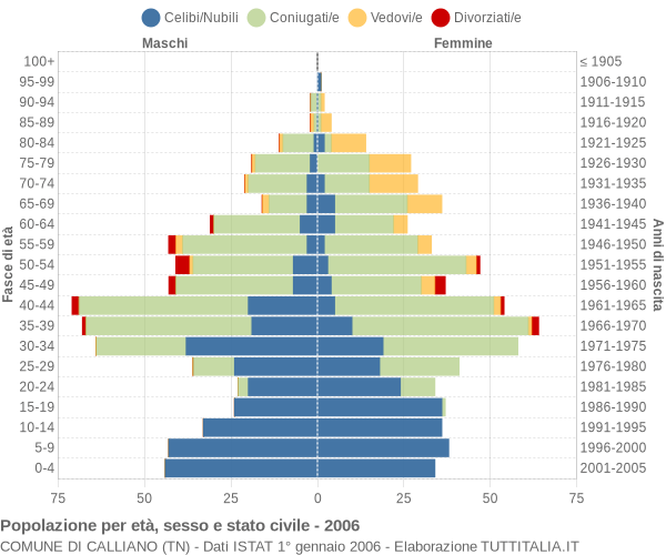 Grafico Popolazione per età, sesso e stato civile Comune di Calliano (TN)