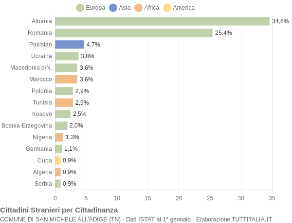 Grafico cittadinanza stranieri - San Michele all'Adige 2019