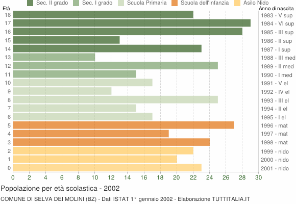 Grafico Popolazione in età scolastica - Selva dei Molini 2002