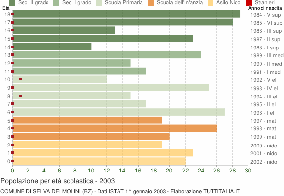 Grafico Popolazione in età scolastica - Selva dei Molini 2003